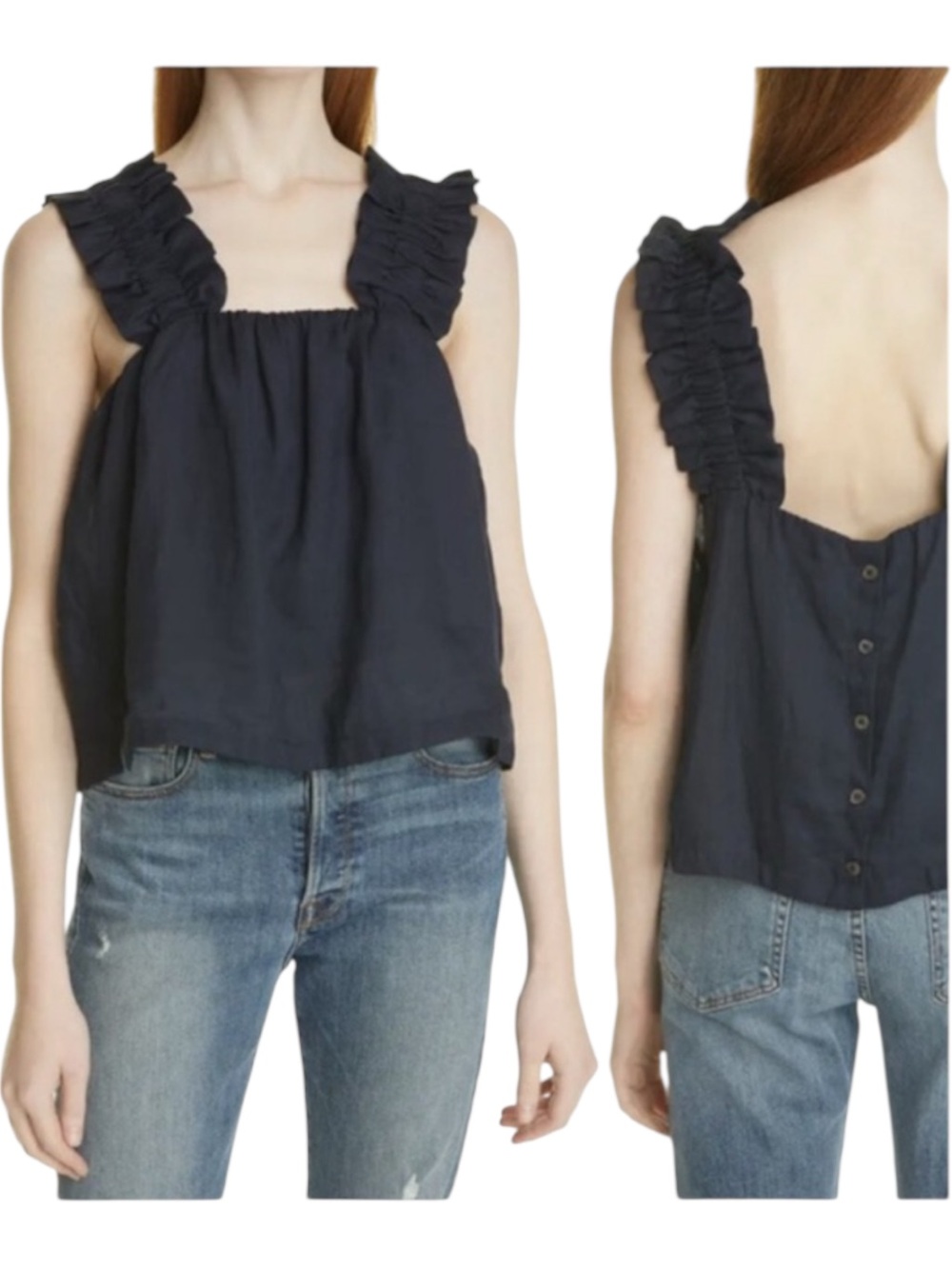 Frame Denim Black Crop Ruffle Strap Tank Sz XS